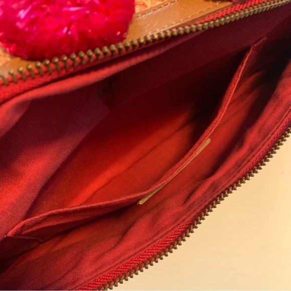 Jasper & Jeera Embroidered Zip Clutch Raffia Pom Pom Yellow Leather Tassel - Picture 11 of 12